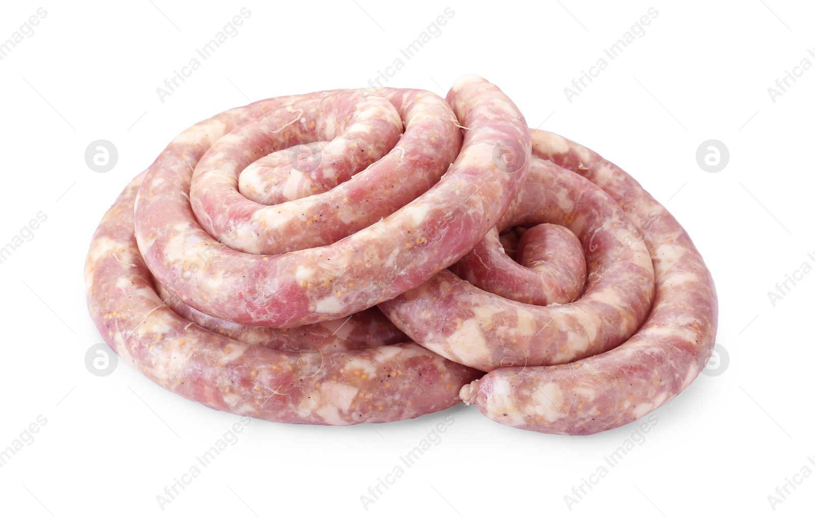 Photo of Raw homemade sausages on white background. Meat product