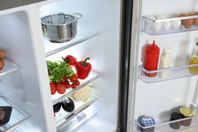 Modern open refrigerator full of different products