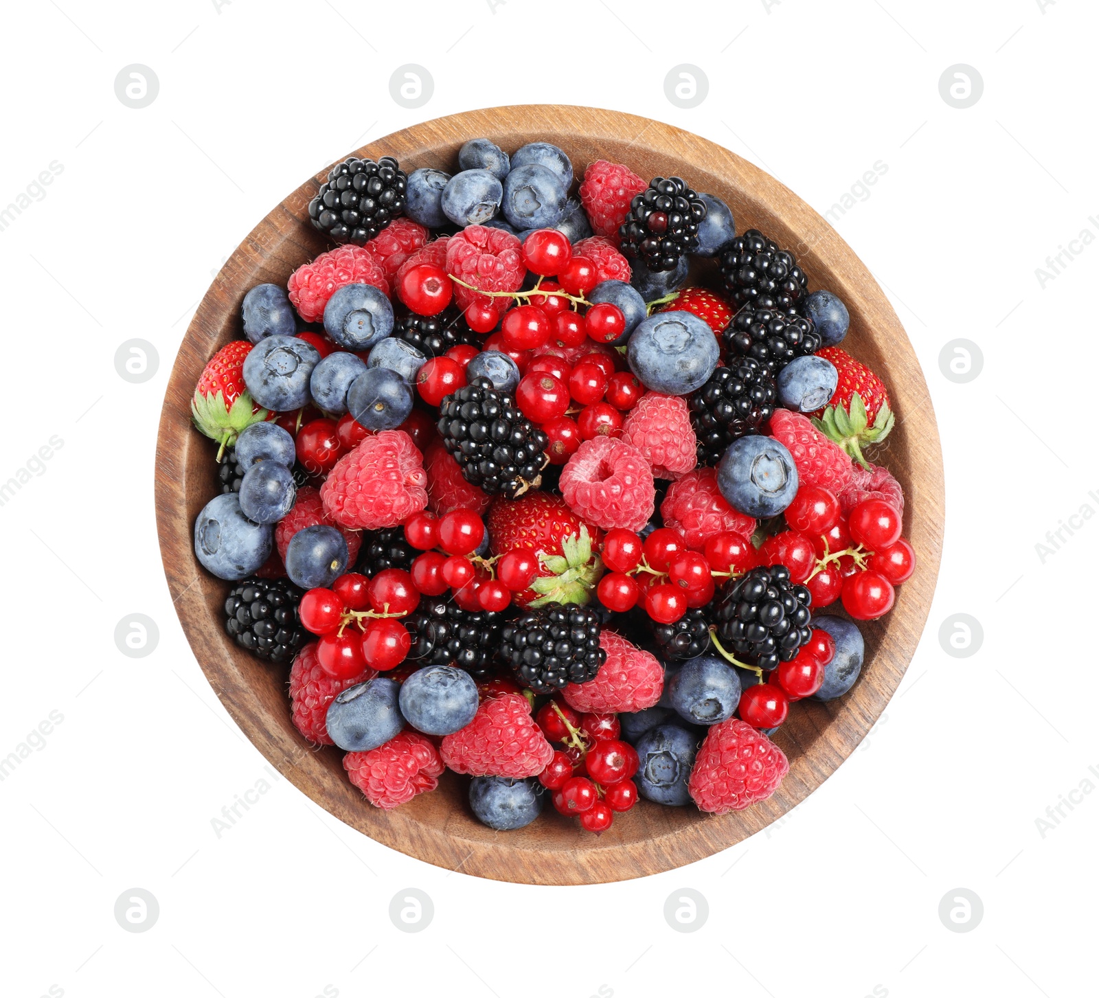 Photo of Mix of different fresh berries in bowl on white background