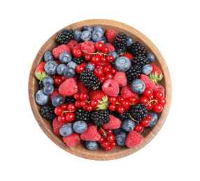 Mix of different fresh berries in bowl on white background