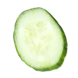 Photo of Slice of ripe cucumber on white background