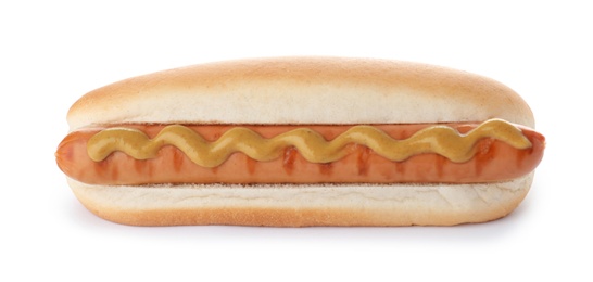 Tasty hot dog with mustard on white background