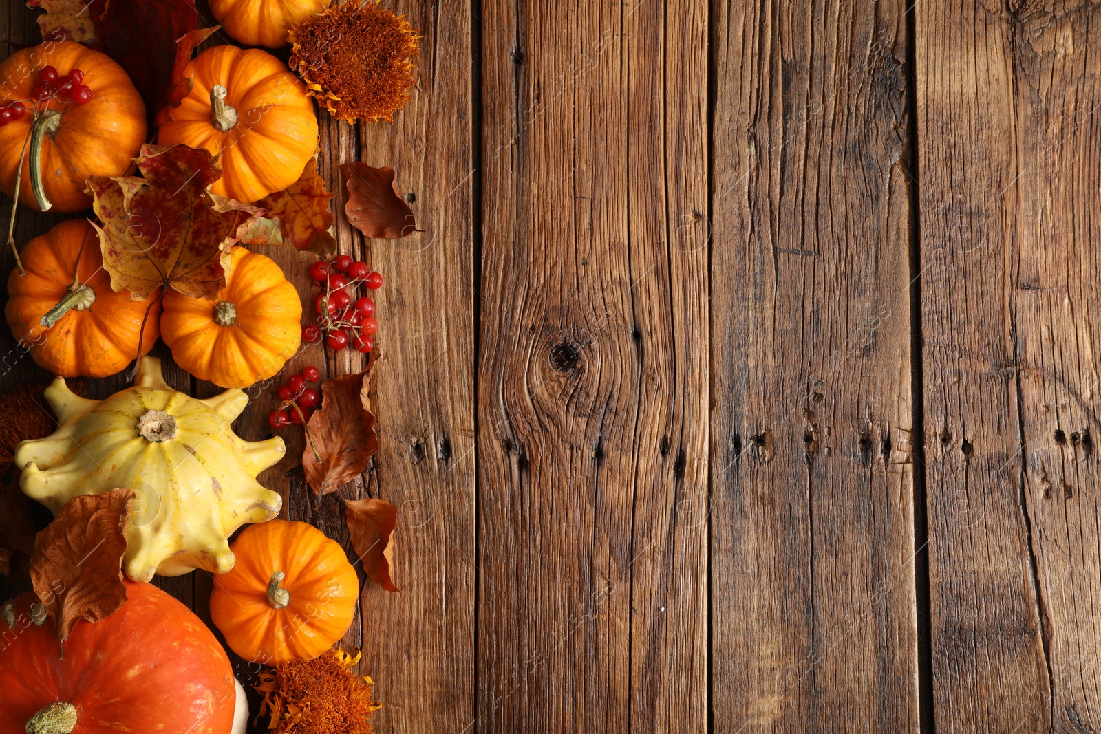 Photo of Dry autumn leaves and pumpkins on wooden table, flat lay. Space for text