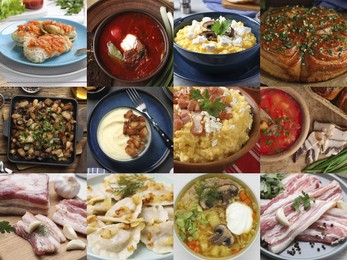 Image of Different tasty Ukrainian dishes. Collage with borscht, cabbage rolls, banosh, pampushky, varenyky and others
