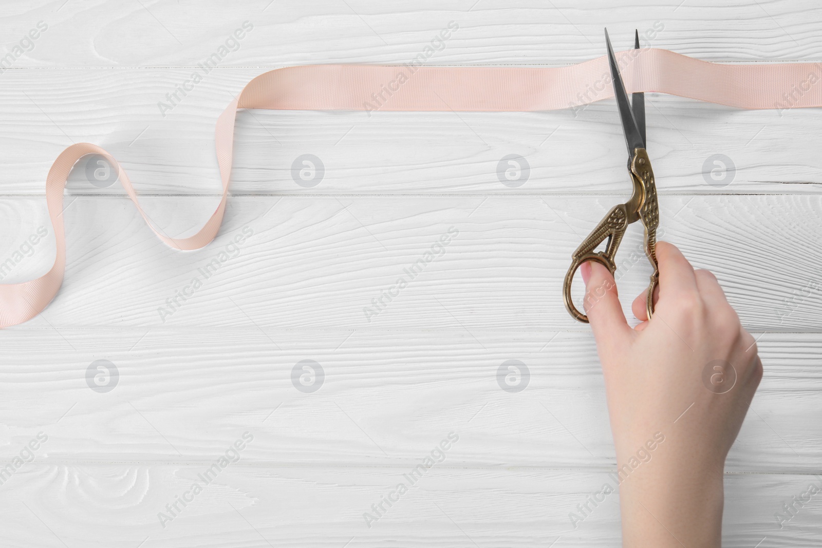 Photo of Woman cutting beige ribbon with scissors at white wooden table, closeup. Space for text