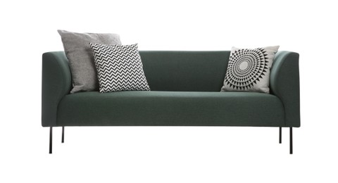 Comfortable green sofa with cushions on white background. Furniture for living room interior