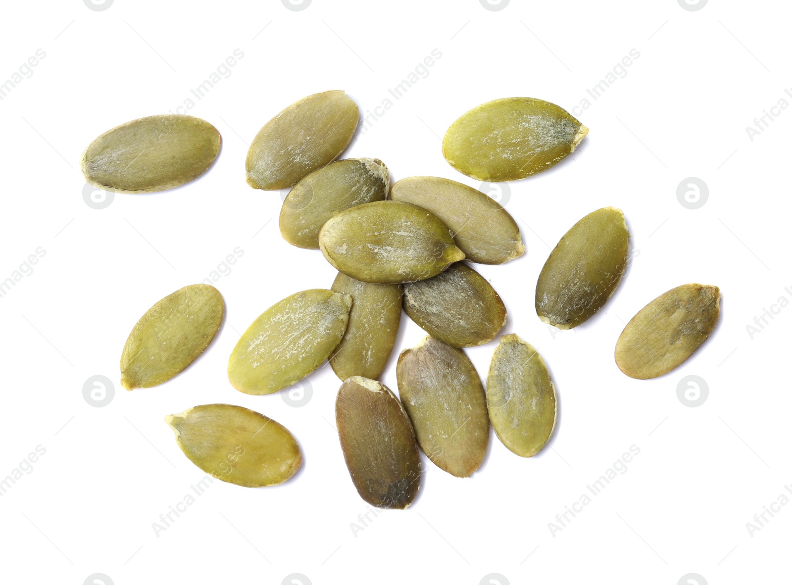 Photo of Pile of raw pumpkin seeds on white background, top view