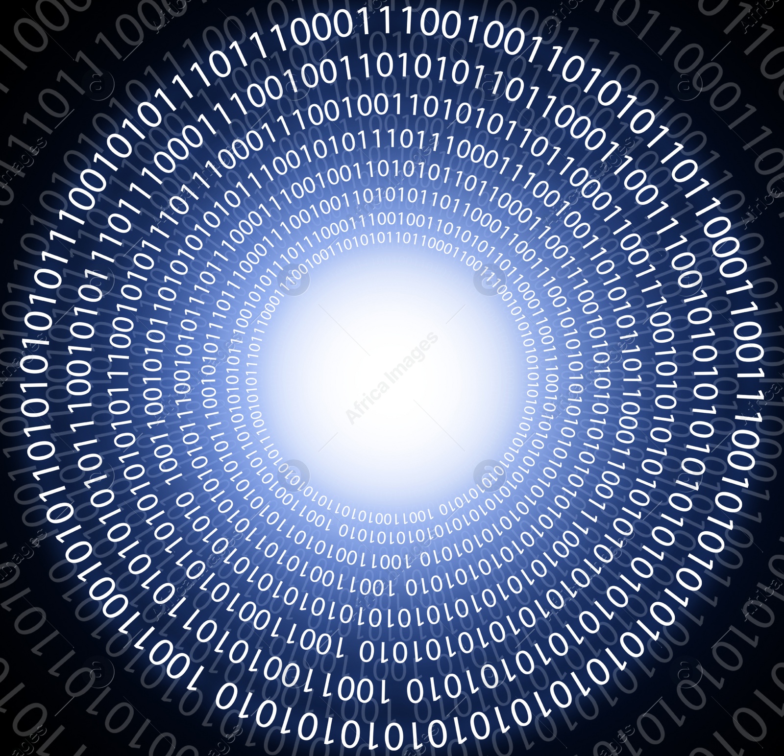 Illustration of Binary code. Whirl of numbers 1 and 0 on dark background