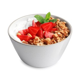 Photo of Bowl with tasty granola and strawberries on white background. Healthy meal