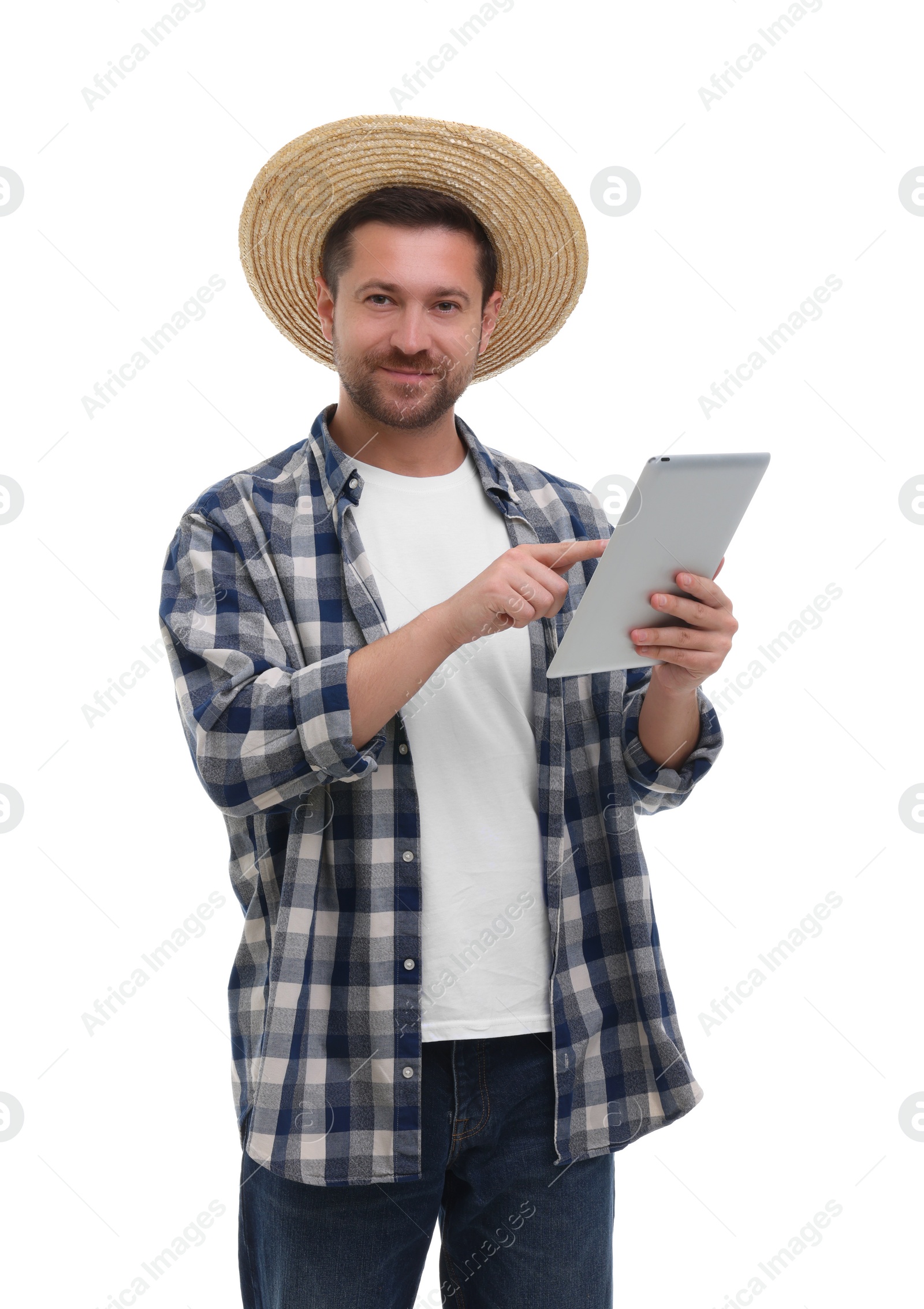 Photo of Farmer using tablet on white background. Harvesting season