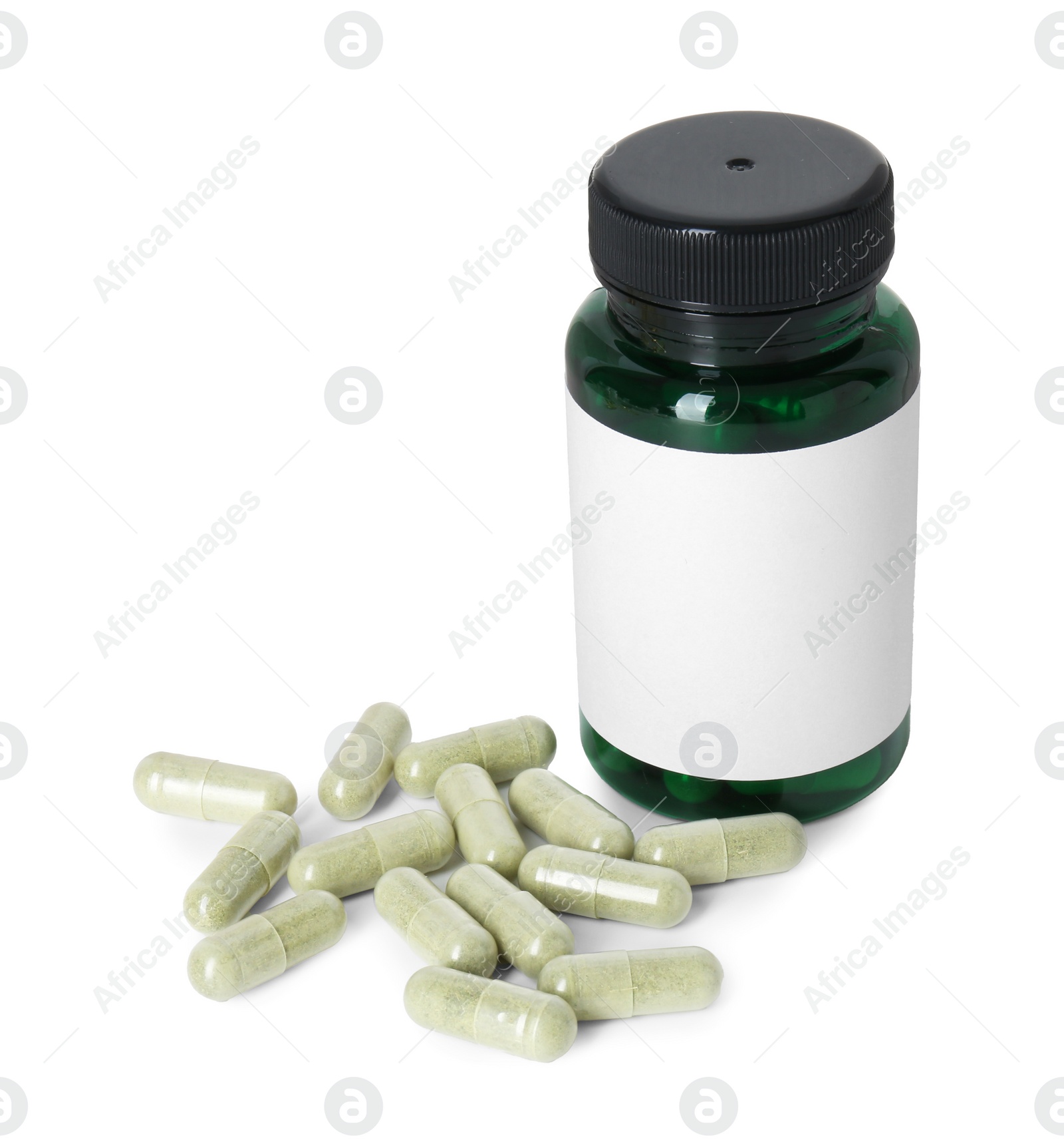 Photo of Bottle and pile of vitamin pills isolated on white