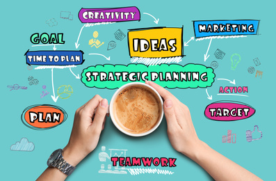 Image of Strategic planning concept. Woman with coffee and scheme on light blue background, top view