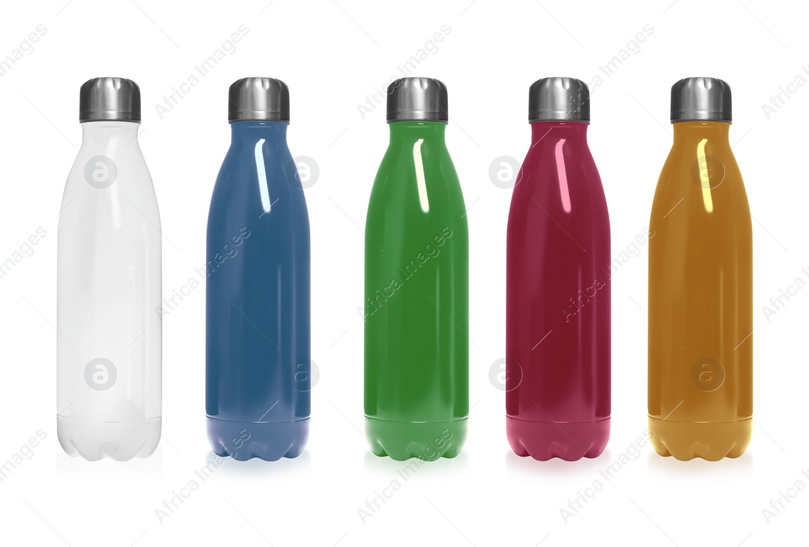 Image of Set of modern thermos bottles in different colors on white background 