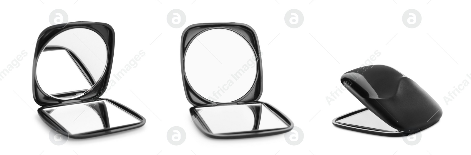 Image of Set with stylish cosmetic pocket mirrors on white background. Banner design