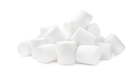 Photo of Pile of delicious puffy marshmallows on white background