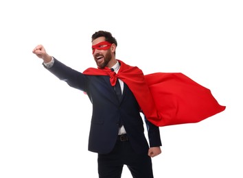 Photo of Emotional businessman wearing red superhero cape and mask on white background