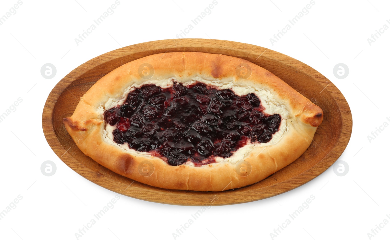 Photo of Delicious sweet cottage cheese pastry with cherry jam isolated on white, top view