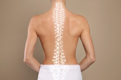 Woman with healthy back on beige background, closeup. Illustration of spine