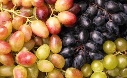 Fresh ripe juicy grapes as background, top view