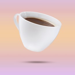 White cup of coffee levitating on color background