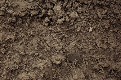 Photo of Textured ground surface as background, top view. Fertile soil for farming and gardening