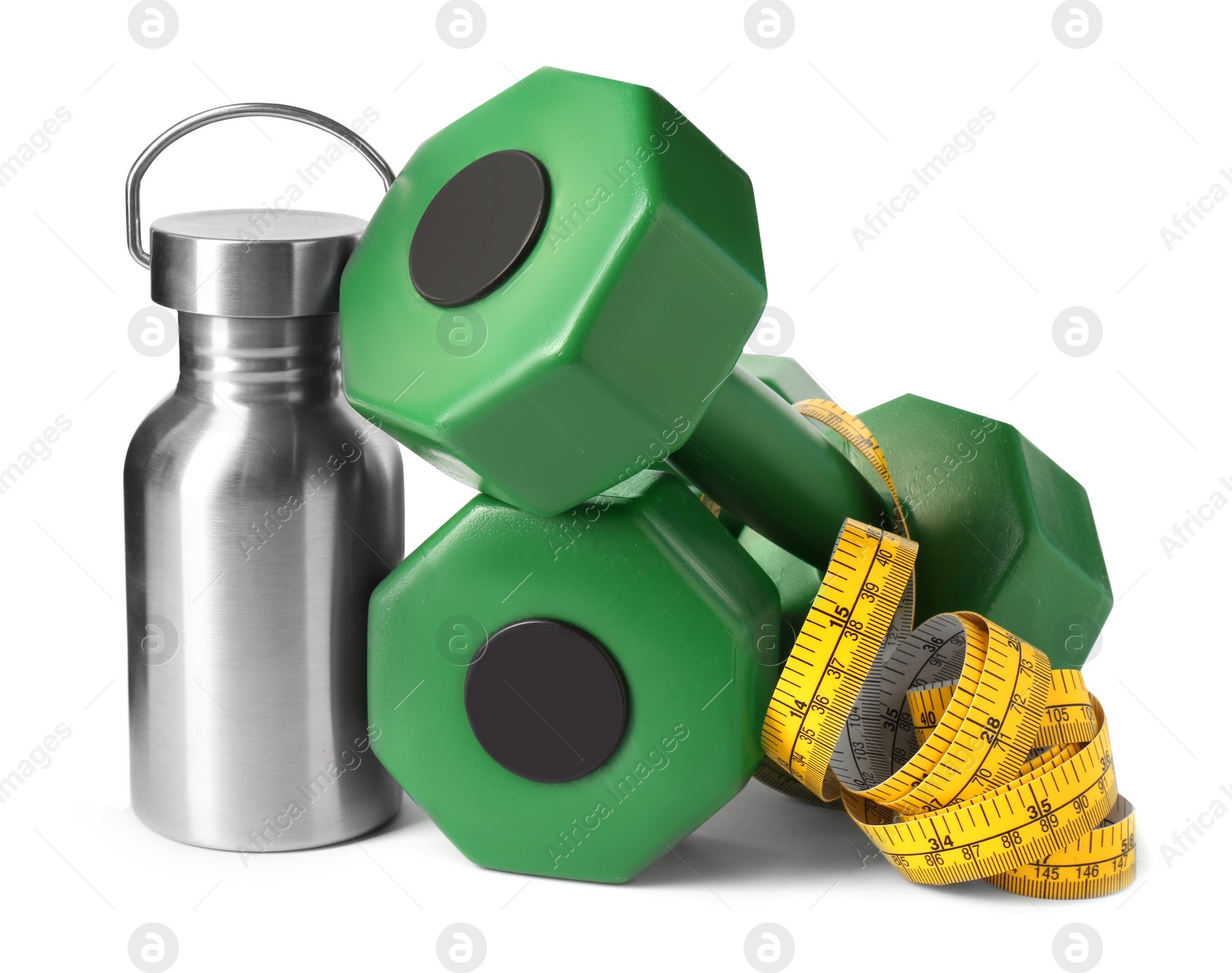 Photo of Dumbbells, metal water bottle and measuring tape isolated on white