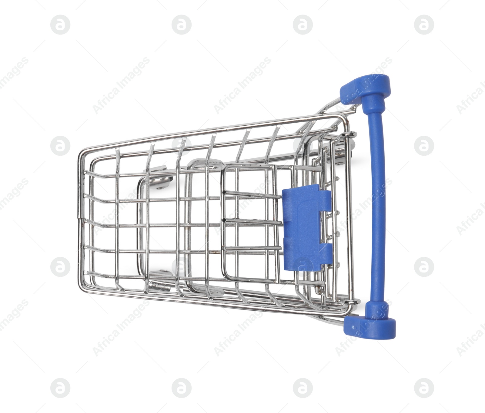 Photo of Empty mini metal shopping cart isolated on white, top view