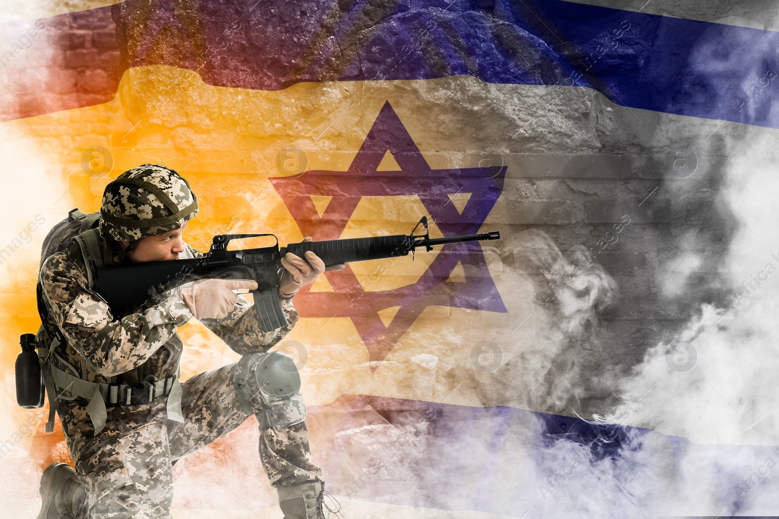 Image of Military, flag of Israel and ruined wall, double exposure