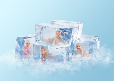 Cryopreservation as method of infertility treatment. Babies in ice cubes on light blue background