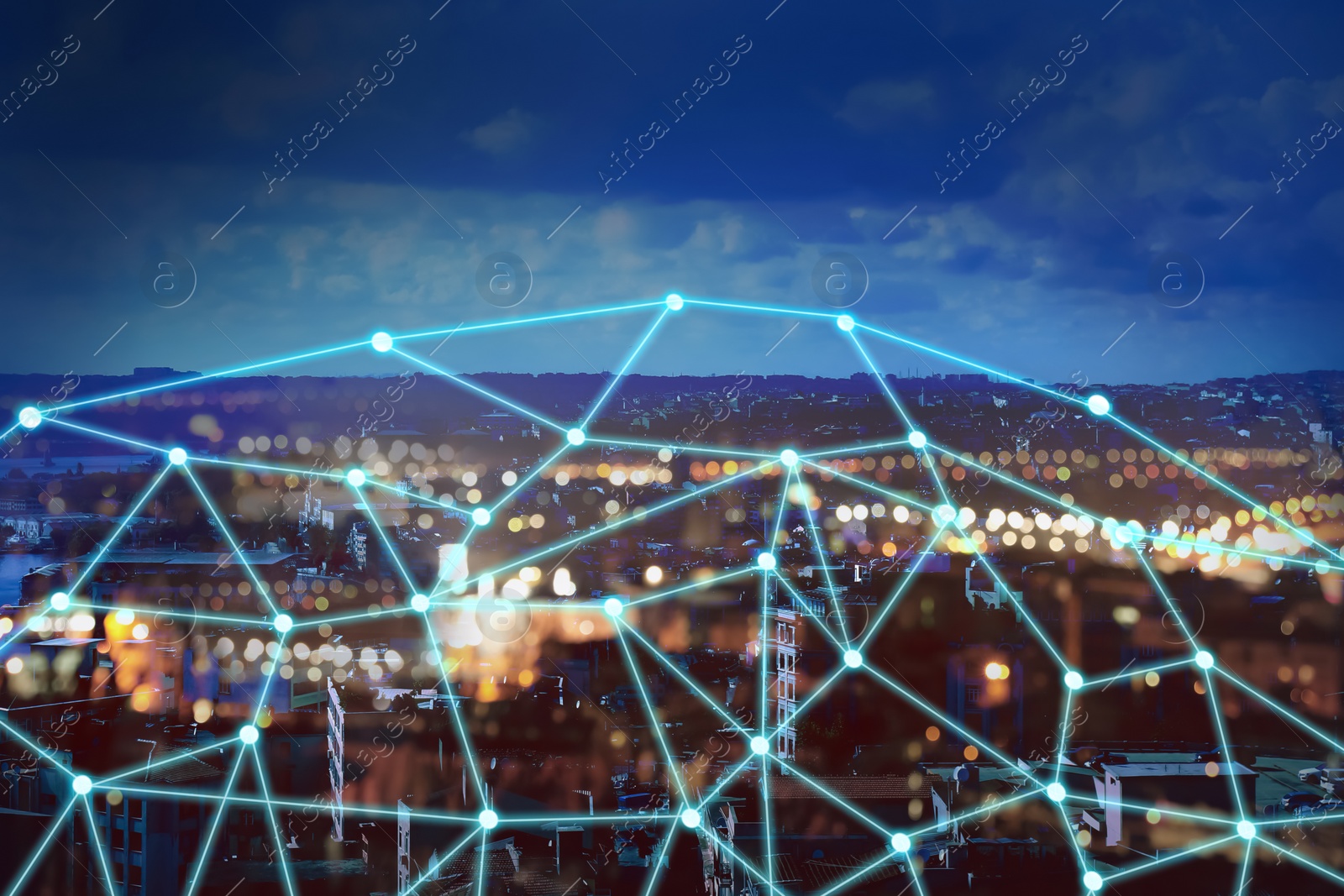 Image of Beautiful cityscape and network connection lines 