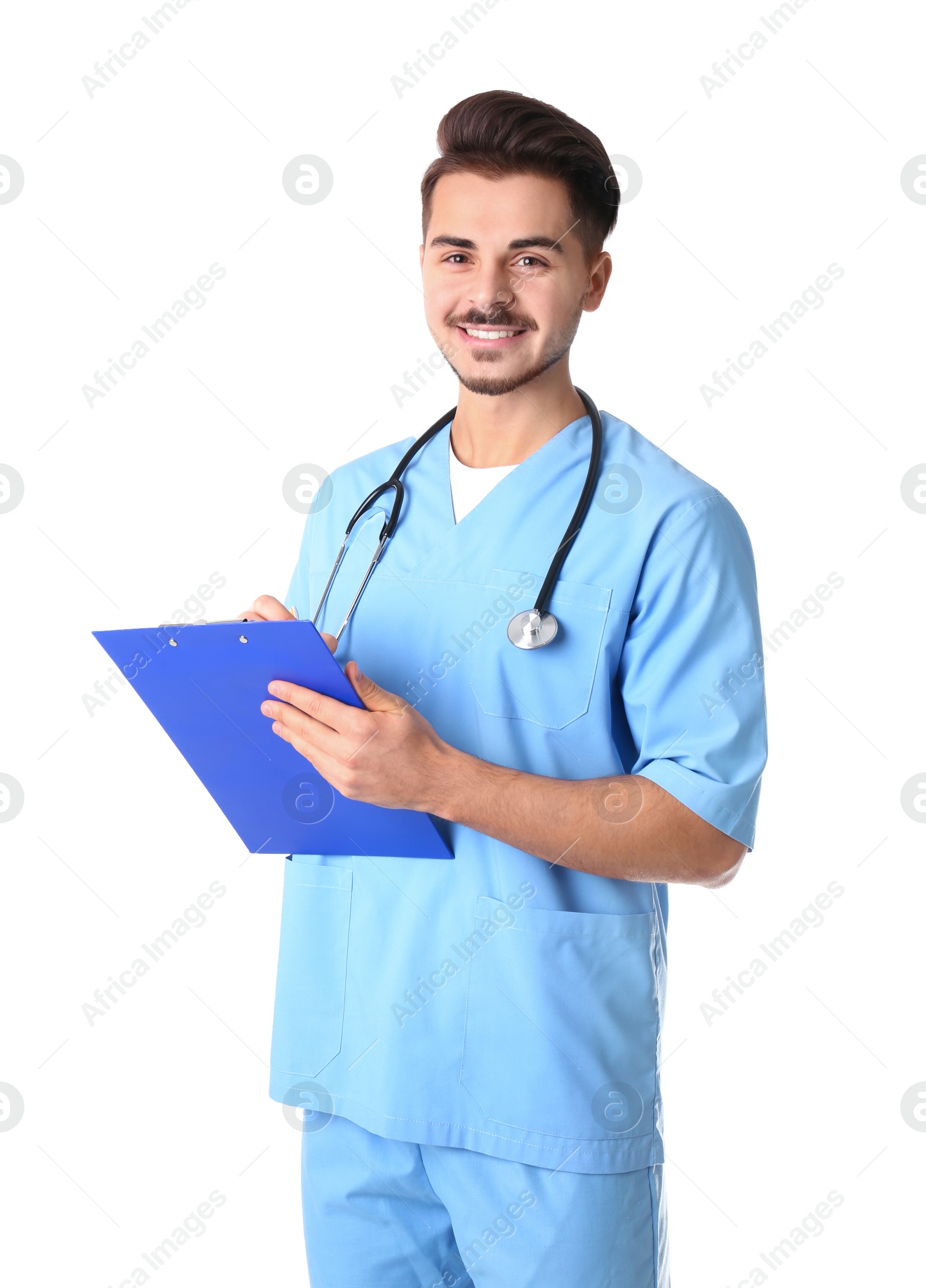 Photo of Young medical student with clipboard on white background