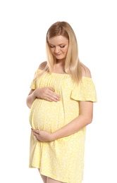 Photo of Beautiful pregnant woman in dress on white background