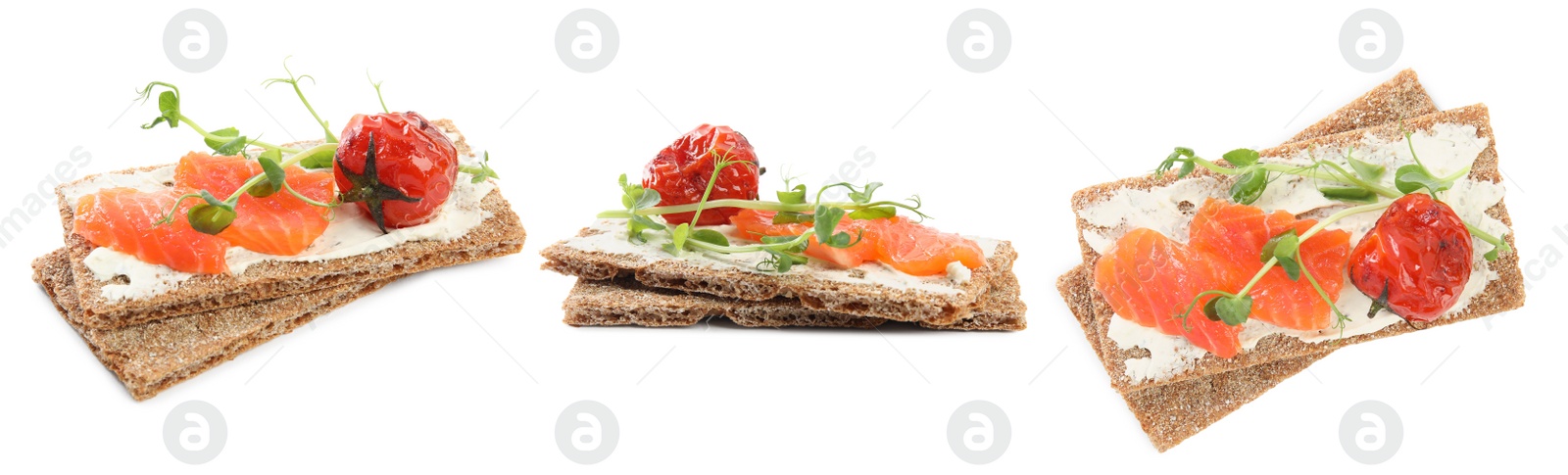 Image of Fresh rye crispbreads with salmon, cream cheese and grilled tomato on white background, collage. Banner design