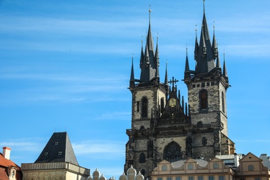 Photo of PRAGUE, CZECH REPUBLIC - APRIL 25, 2019: Church of our Lady before Tyn against blue sky