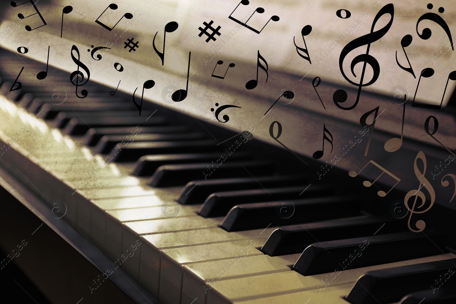 Image of Music notes and other musical symbols over piano, closeup. Vintage effect