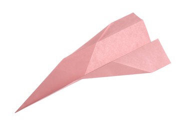 Photo of Handmade light pink paper plane isolated on white