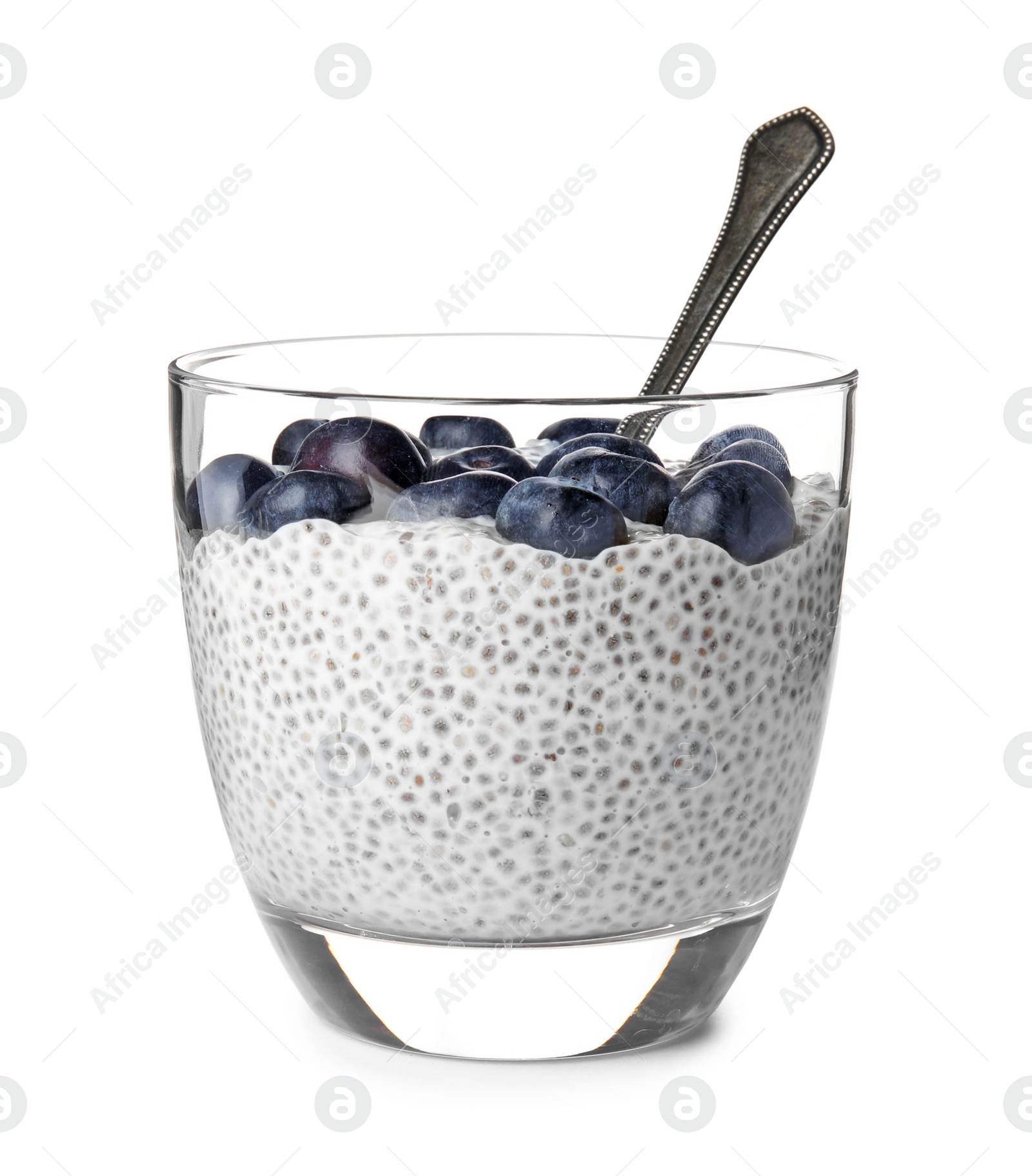 Photo of Tasty chia seed pudding with blueberries in glass on white background