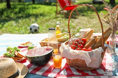 Photo of Different products for summer picnic served on checkered blanket outdoors