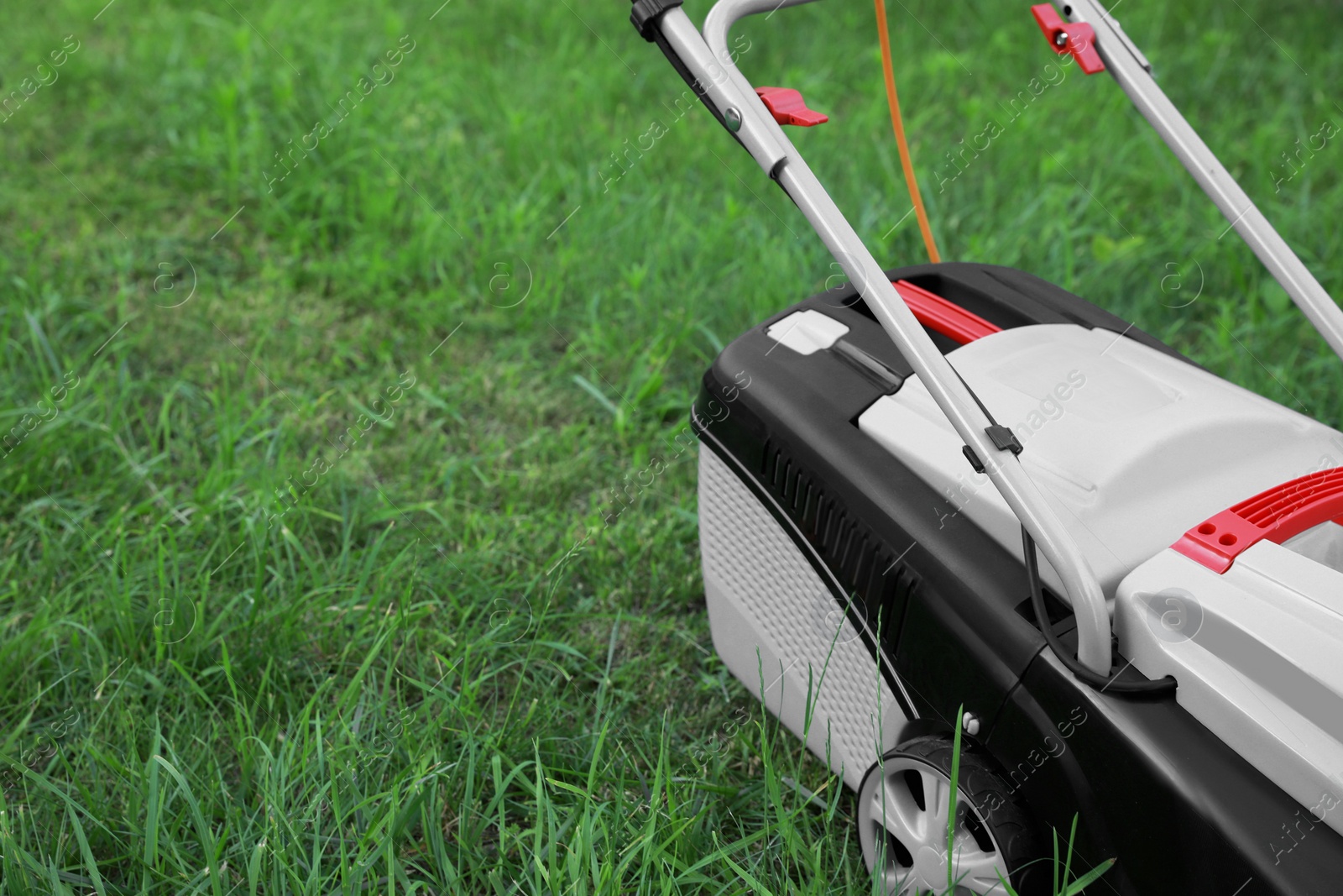 Photo of Cutting green grass with lawn mower in garden, space for text