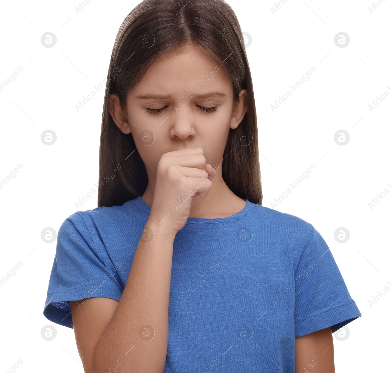 Photo of Sick girl coughing on white background. Cold symptoms