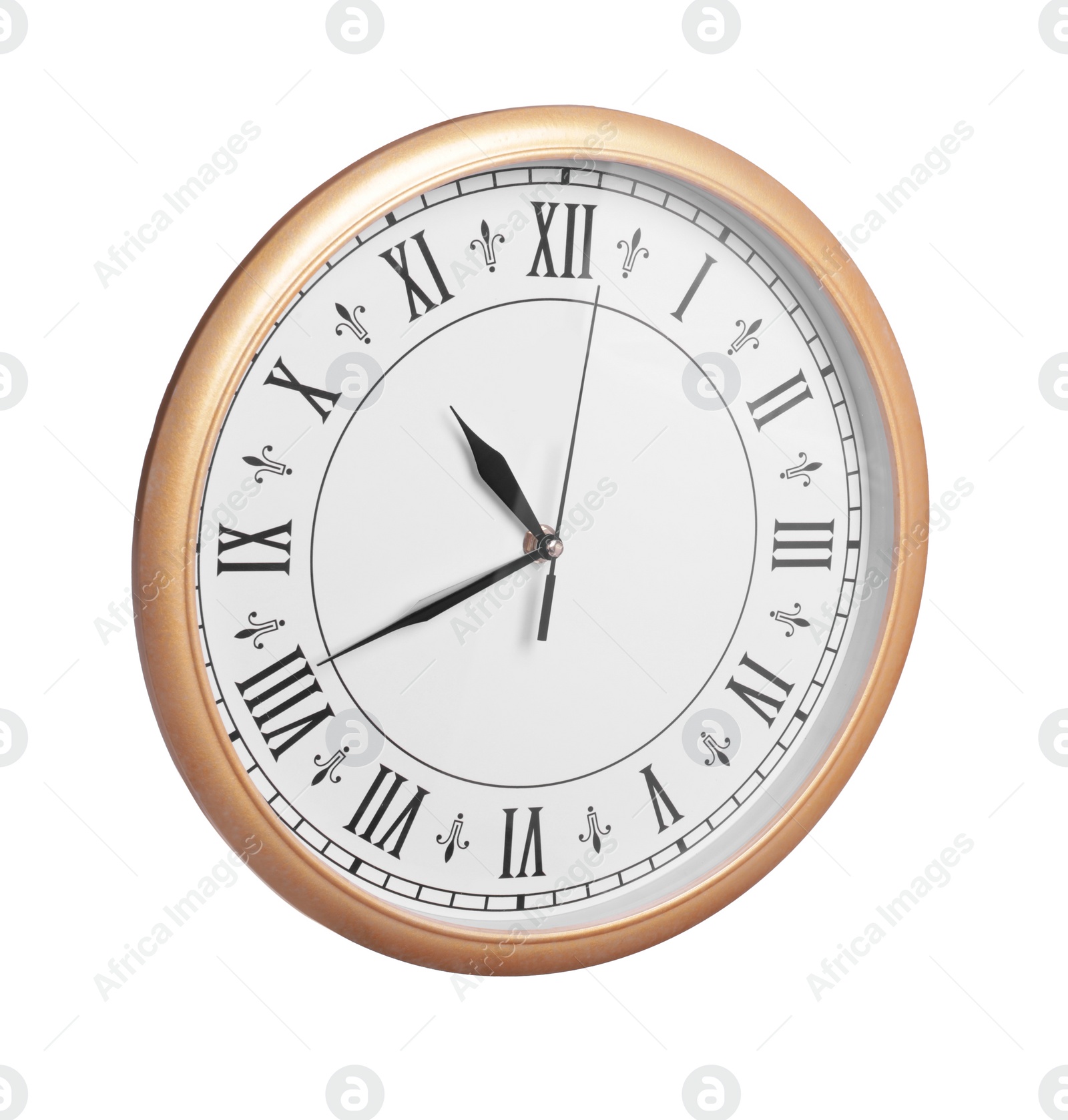 Photo of Stylish round clock isolated on white. Interior element