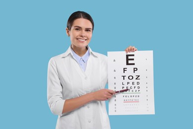 Photo of Ophthalmologist pointing at vision test chart on light blue background