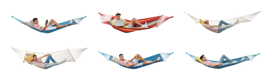 Collage with man resting in different hammocks on white background. Banner design