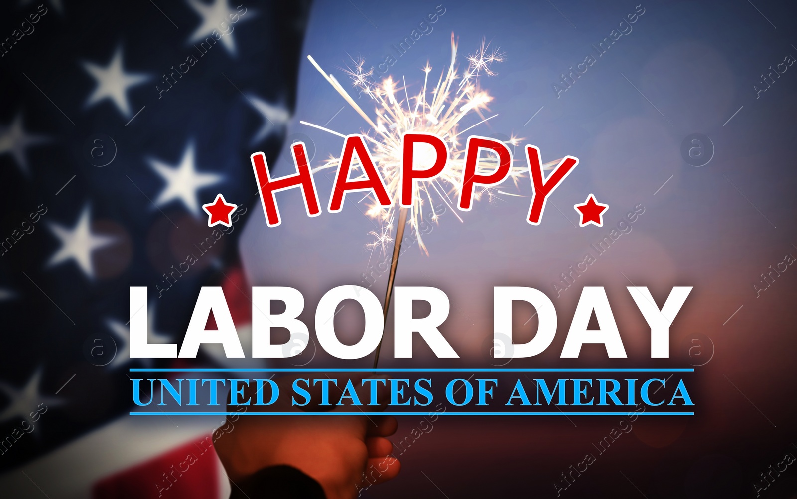 Image of Happy Labor Day. Woman holding burning sparkler near American flag, closeup