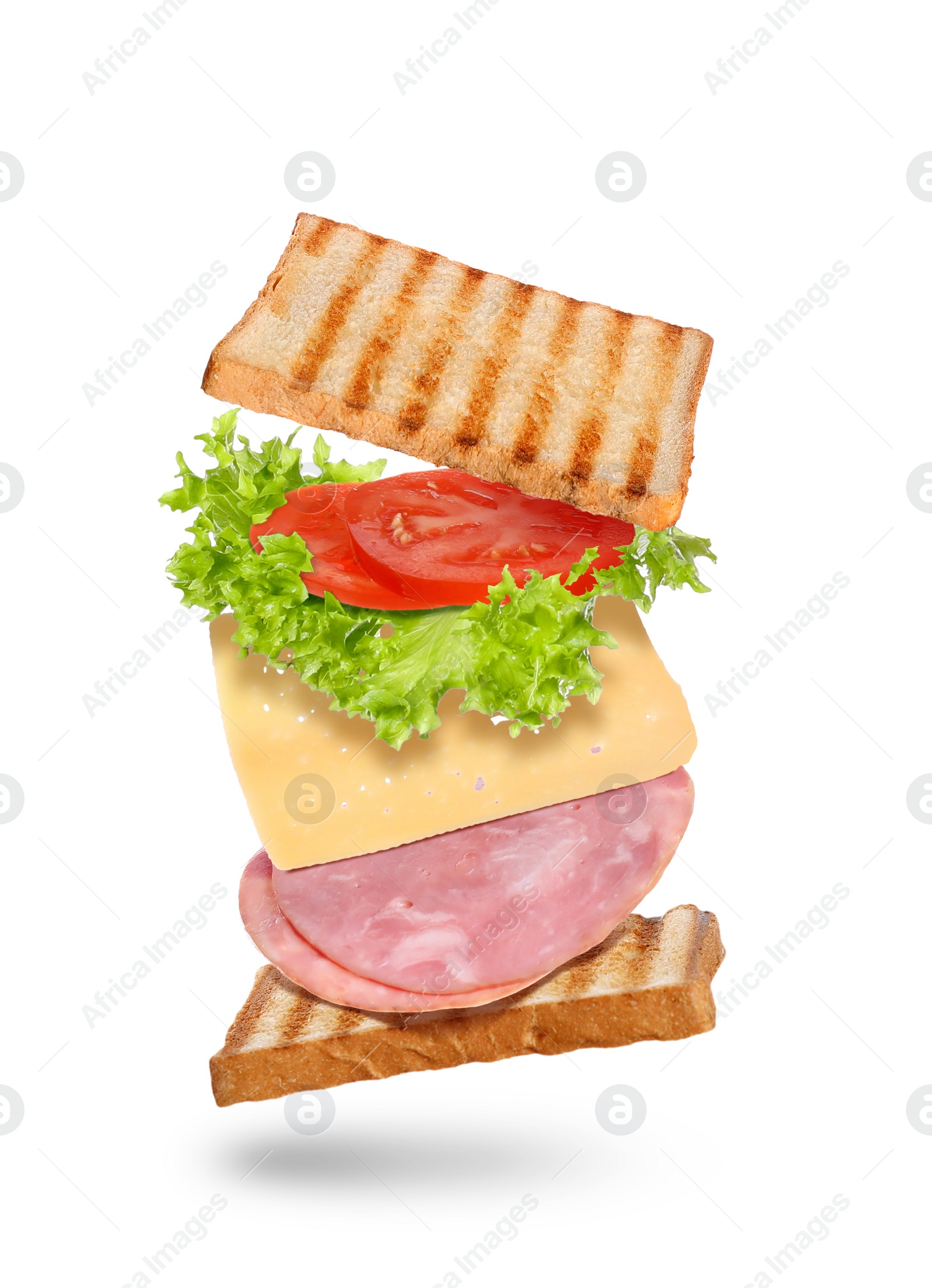 Image of Delicious sandwich with toasted bread on white background