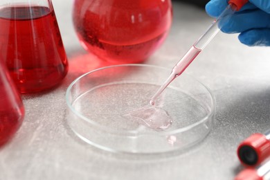 Photo of Laboratory analysis. Dripping red liquid into Petri dish on light grey table, closeup