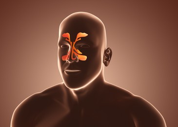 Picture of man showing nasal cavities on brown background, illustration