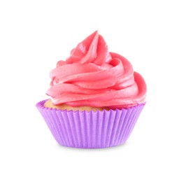 Delicious cupcake with pink cream isolated on white