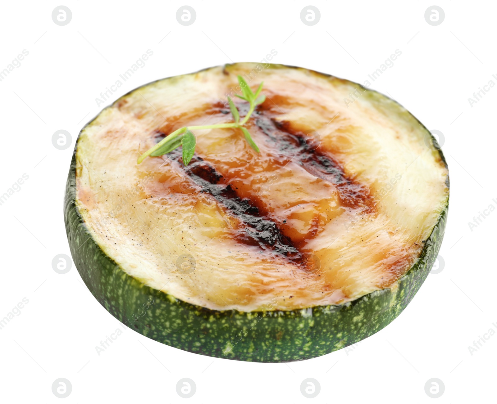 Photo of Delicious grilled zucchini slice on white background