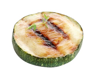 Photo of Delicious grilled zucchini slice on white background